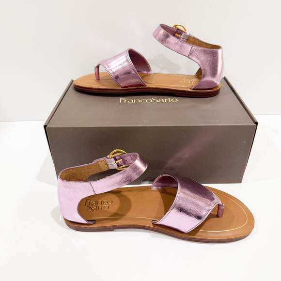 Franco Sarto Ruth Ankle Strap Flat Sandal Pink Metallic Vegan Leather 9 NEW - Picture 2 of 13